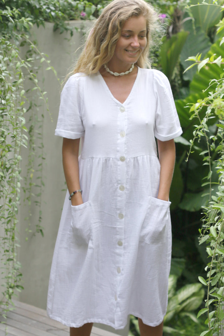 Zahra Dress White ( 100% Linen ) with Shell Button