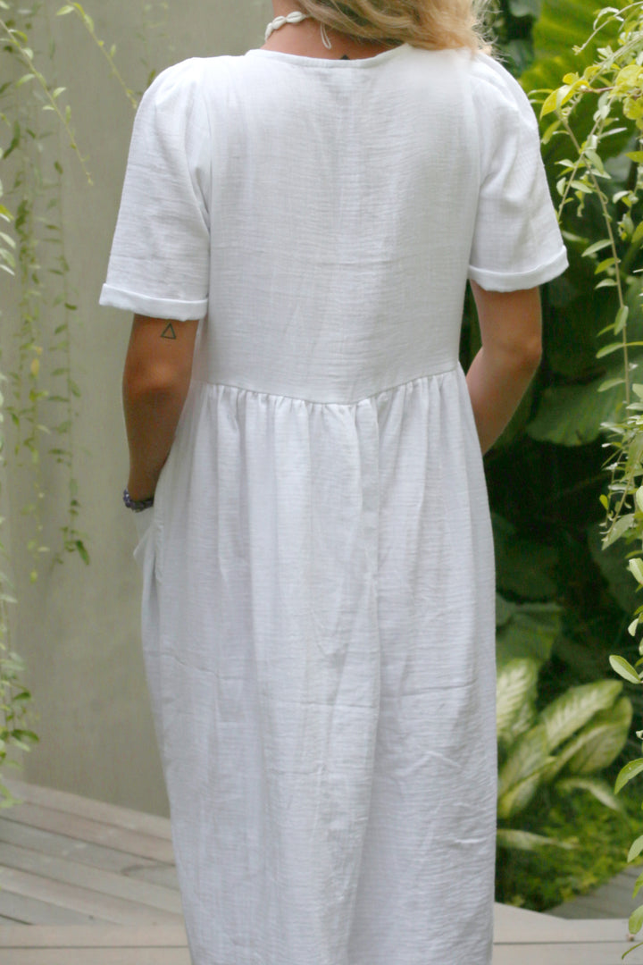 Zahra Dress White ( 100% Linen ) with Shell Button