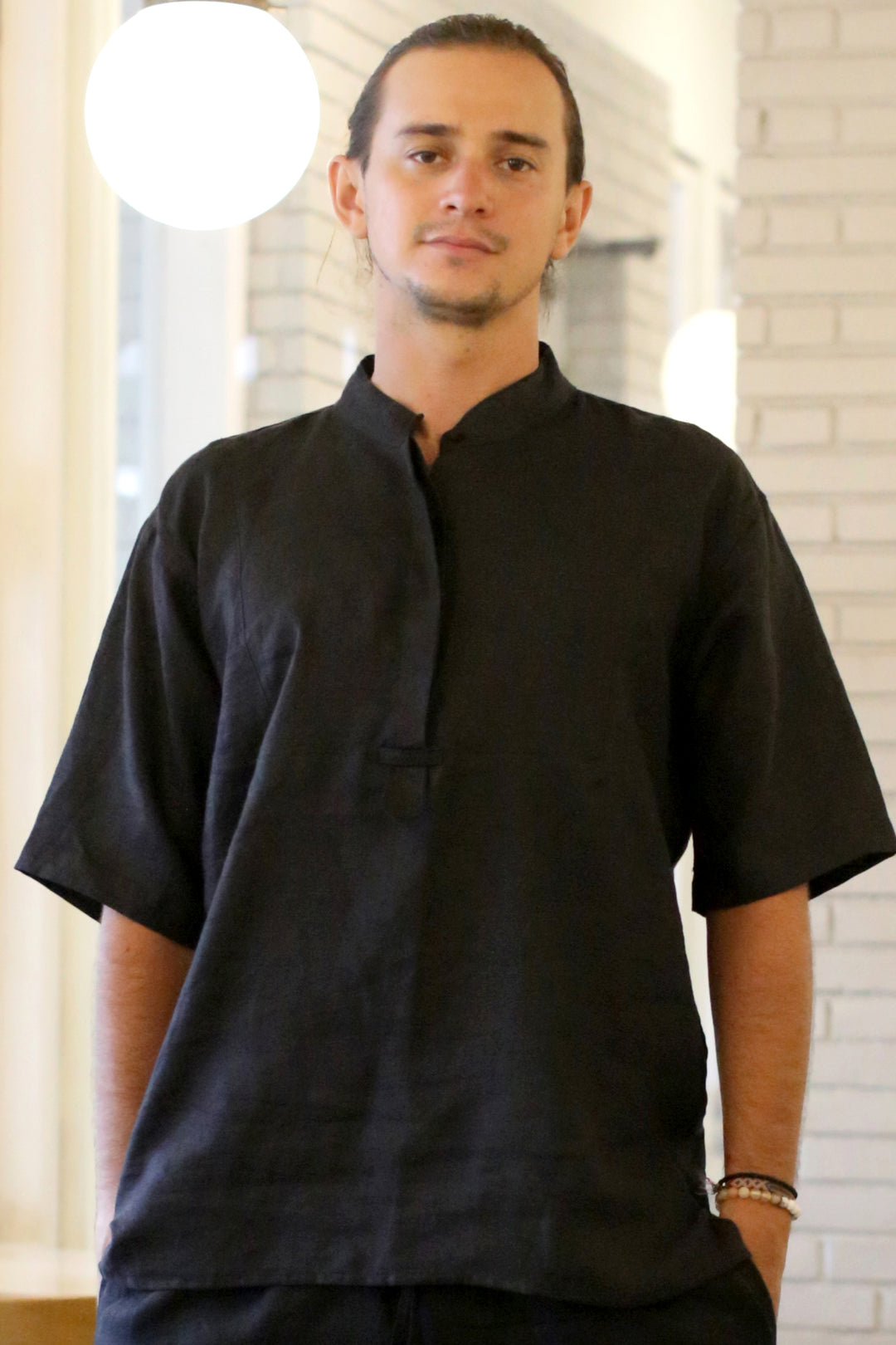 Alex Men Shirt Black 100% Linen Short Sleeves